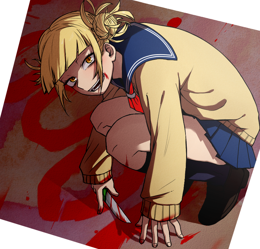 10s, 1girl, blonde_hair, blood, blunt_bangs, blush, boku_no_hero_academia, cardigan
