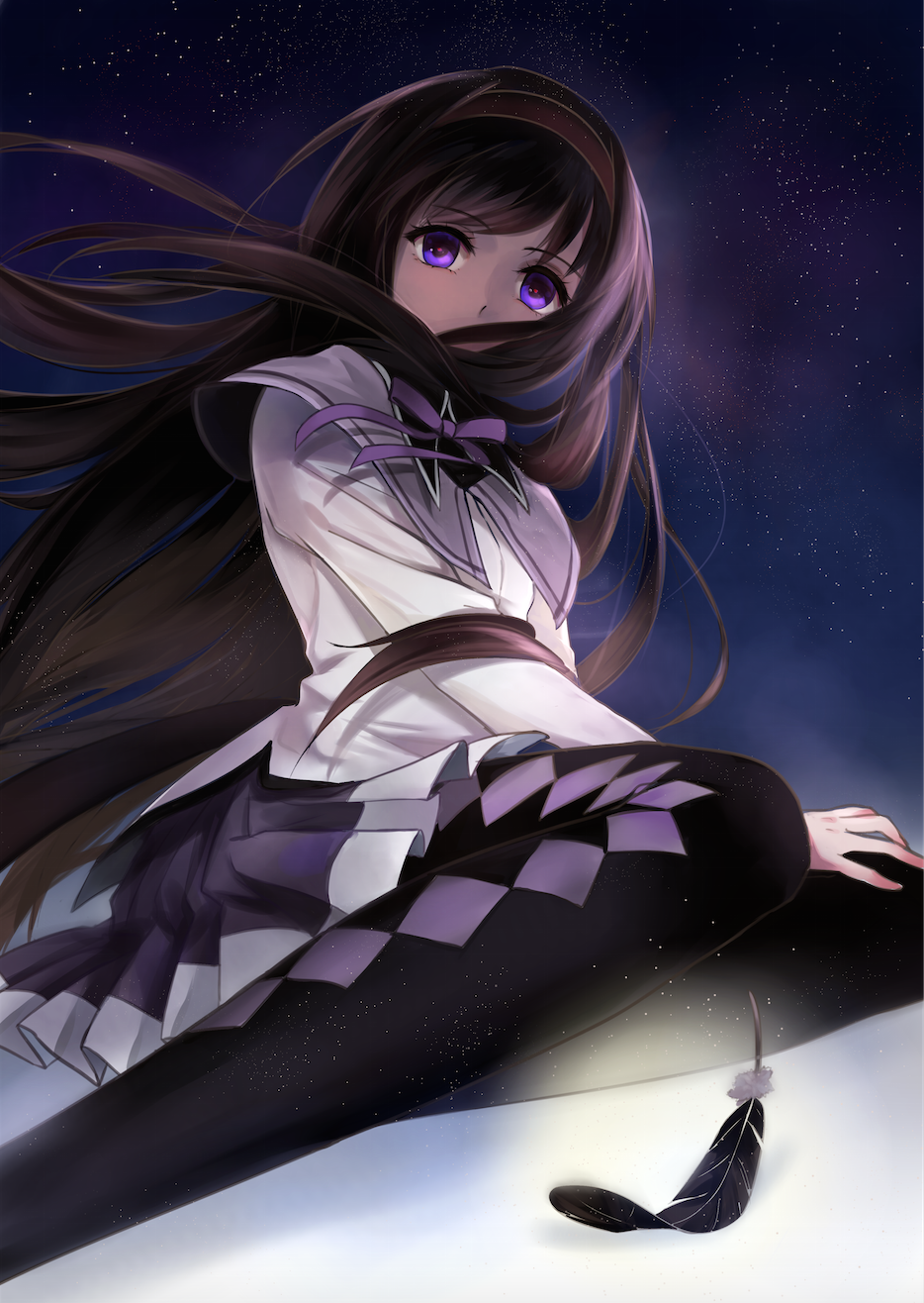 10s, 1girl, akemi_homura, akemi_homura_(magical_girl), argyle_clothes, argyle_pantyhose, black_feathers, black_hair