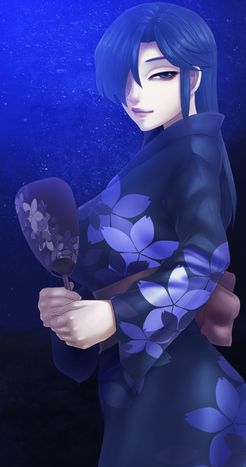 1girl, black_hair, blue_eyes, breasts, female_focus, floral_print, forest, hair_over_one_eye