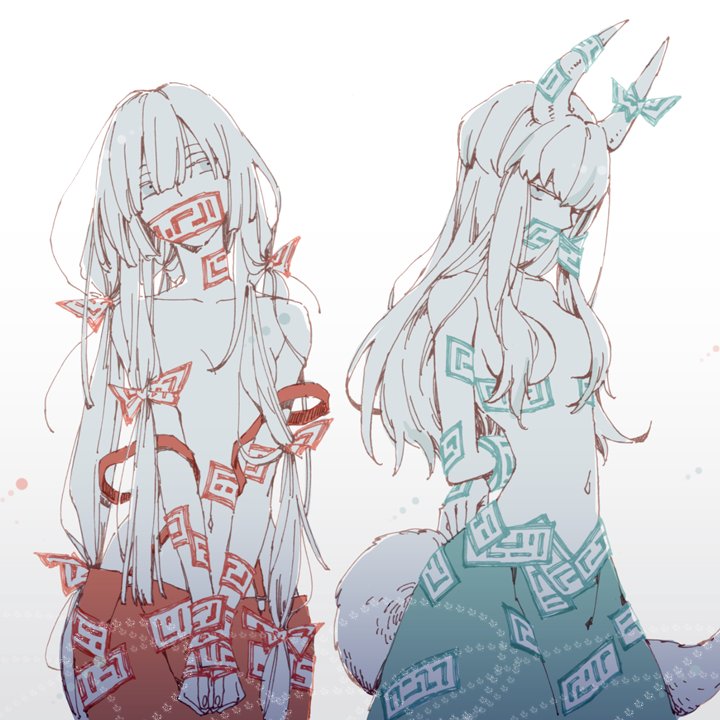 2girls, arms_behind_back, asahi_(uwa), bare_shoulders, bdsm, bondage, bound, bound_wrists, bow, breasts, capri_pants, collarbone, convenient_censoring, cowboy_shot, ex-keine, fujiwara_no_mokou, gag, gagged, green_pants, hair_bow, hair_ribbon, horn_bow, horn_ornament, horns, improvised_gag, kamishirasawa_keine, large_breasts, long_hair, looking_at_viewer, multiple_girls, navel, no_shirt, ofuda, pants, red_pants, ribbon, simple_background, small_breasts, spot_color, suspenders, tail, tape, tape_gag, topless_female, touhou, tress_ribbon, very_long_hair, white_background, white_hair