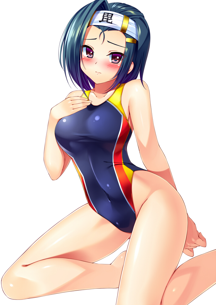 10s, 1girl, blush, bucchake_(asami), competition_swimsuit, female_focus, green_hair, hand_on_own_chest