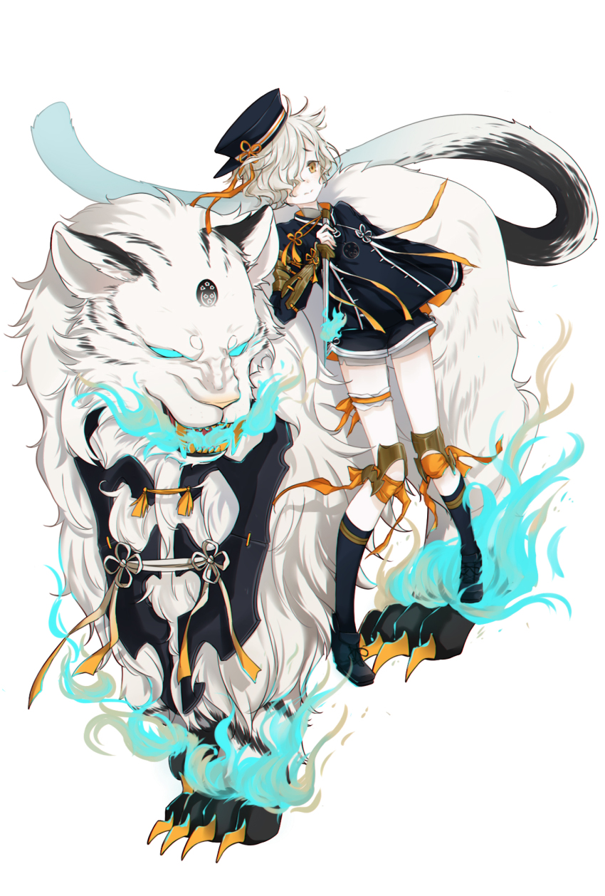 10s, 1boy, bad_id, bad_pixiv_id, blue_eyes, blue_fire, claws, dt.calico