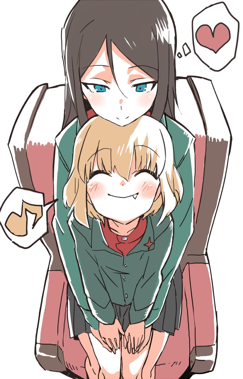 10s, 2girls, black_hair, black_skirt, blonde_hair, blue_eyes, fang, girls_und_panzer