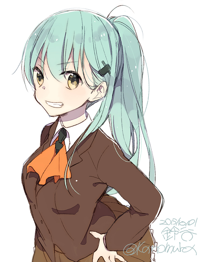 10s, 1girl, alternate_hairstyle, aqua_hair, blazer, dated, female_focus, grin