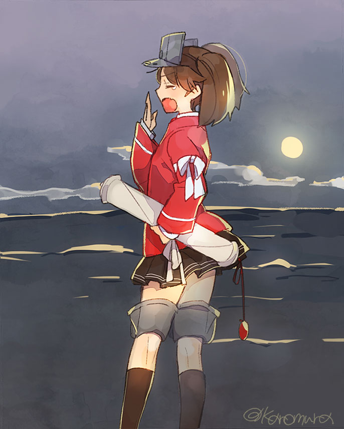 10s, 1girl, black_legwear, brown_hair, closed_eyes, cloud, female_focus, full_moon