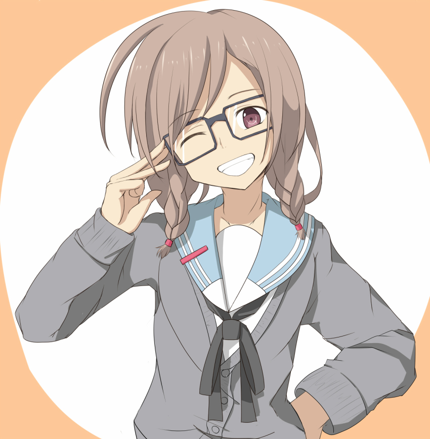 10s, 1girl, braid, brown_hair, cardigan, female_focus, glasses, grin