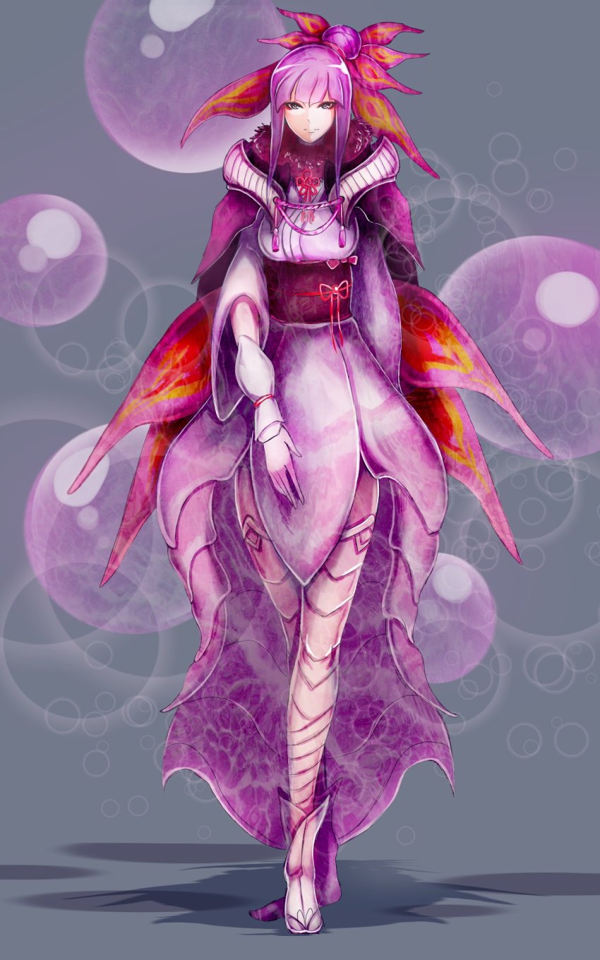 1girl, air_bubble, arm_warmers, arms_at_sides, blunt_bangs, boots, breasts, bubble, cape, closed_mouth, female_focus, fufu_(fufuichi04), full_body, gloves, grey_background, grey_eyes, hair_bun, highres, long_hair, long_sleeves, looking_at_viewer, medium_breasts, mizutsune, monster_hunter_(series), monster_hunter_x, obi, purple_hair, red_cape, red_ribbon, ribbon, sash, sidelocks, simple_background, single_hair_bun, smile, solo, standing, tassel, updo, walking, white_gloves, white_legwear, wide_sleeves