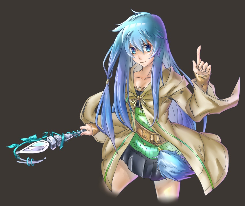 1girl, bad_id, bad_pixiv_id, black_background, blue_eyes, blue_hair, collarbone, duel_monster, eria_(yu-gi-oh!), eria_the_water_charmer, female_focus, highres, jacket, kan_(zwssg), long_hair, looking_at_viewer, matching_hair/eyes, simple_background, skirt, solo, staff, yu-gi-oh!