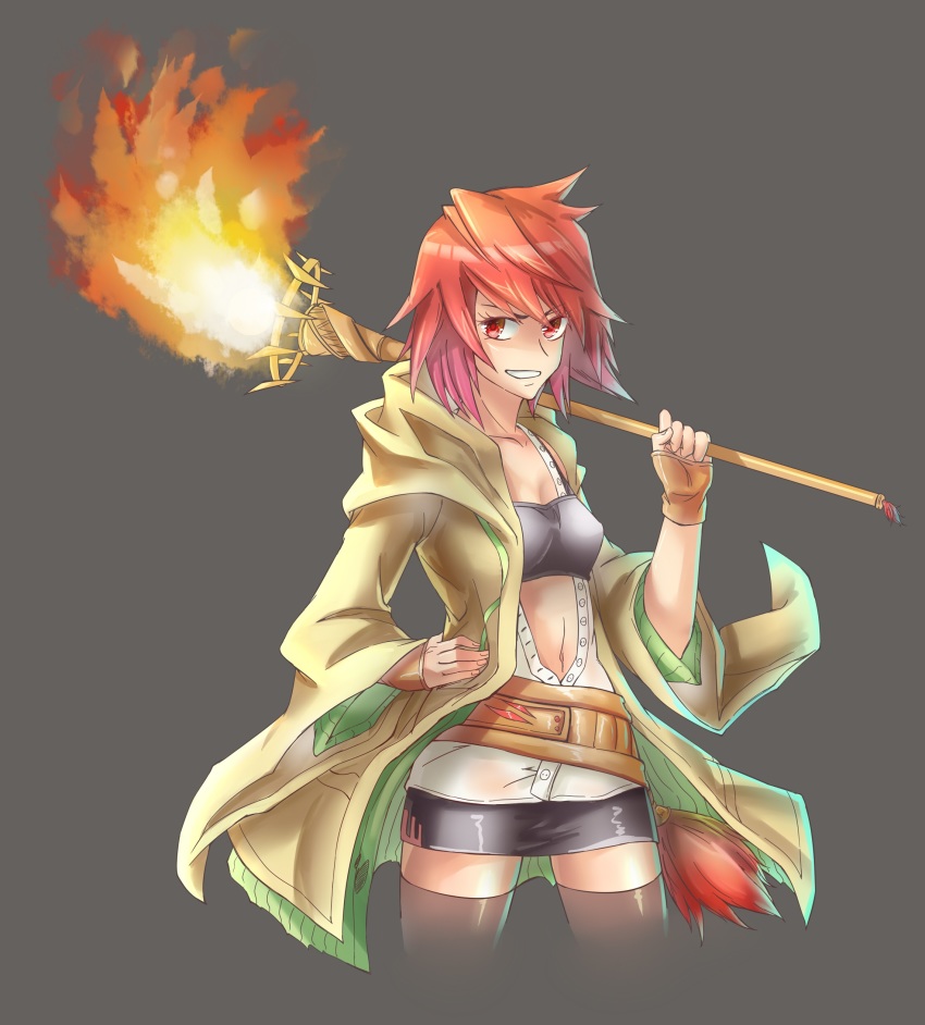 1girl, absurdres, bad_id, bad_pixiv_id, black_background, breasts, duel_monster, female_focus, fire, hand_on_own_hip, highres, hiita, hiita_(yu-gi-oh!), hiita_the_fire_charmer, jacket, kan_(zwssg), looking_at_viewer, midriff, miniskirt, navel, red_eyes, red_hair, short_hair, simple_background, skirt, smile, solo, staff, thighhighs, yu-gi-oh!, zettai_ryouiki