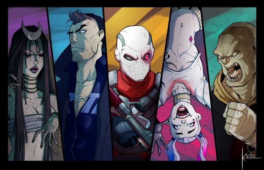 2girls, 3boys, artist_request, bandages, blonde_hair, blue_eyes, brown_hair, captain_boomerang, choker, crescent, crescent_hair_ornament, dark_skin, dc_comics, dccu, deadshot, enchantress_(dc), gun, hair_ornament, harley_quinn, hat, highres, jewelry, june_moon, killer_croc, mask, midriff, multiple_boys, multiple_girls, nail_polish, necklace, open_mouth, smile, source_request, suicide_squad, twintails, upside-down, weapon