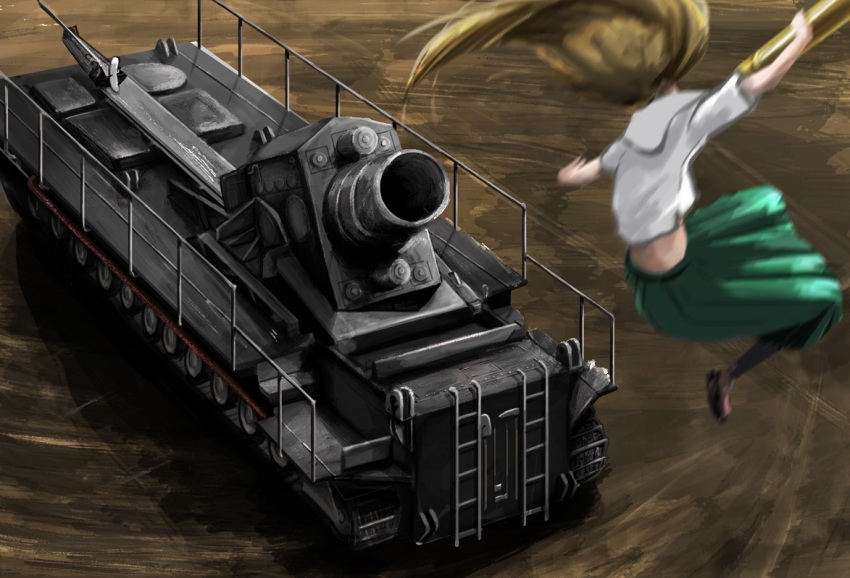 10s, 1girl, ammunition, artillery, blonde_hair, cannon, commentary_request, girls_und_panzer
