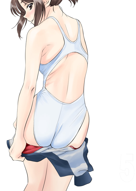 1990s_(style), 1girl, ass, back, backless_outfit, bare_shoulders, brown_hair, female_focus