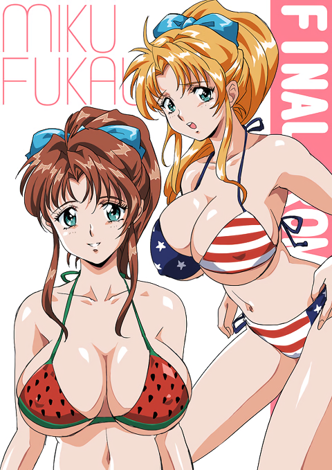 2girls, american_flag, american_flag_bikini, american_flag_print, artist_request, bikini, blonde_hair, breasts, brown_hair, character_name, copyright_name, engawa_suguru, final_romance_2, flag_print, flag_print_bikini, food_print, fruit_print, fukawa_miku, green_eyes, halterneck, high_ponytail, large_breasts, long_hair, looking_at_viewer, multiple_girls, navel, open_mouth, parted_lips, ponytail, print_bikini, side-tie_bikini_bottom, smile, swimsuit, watermelon_print