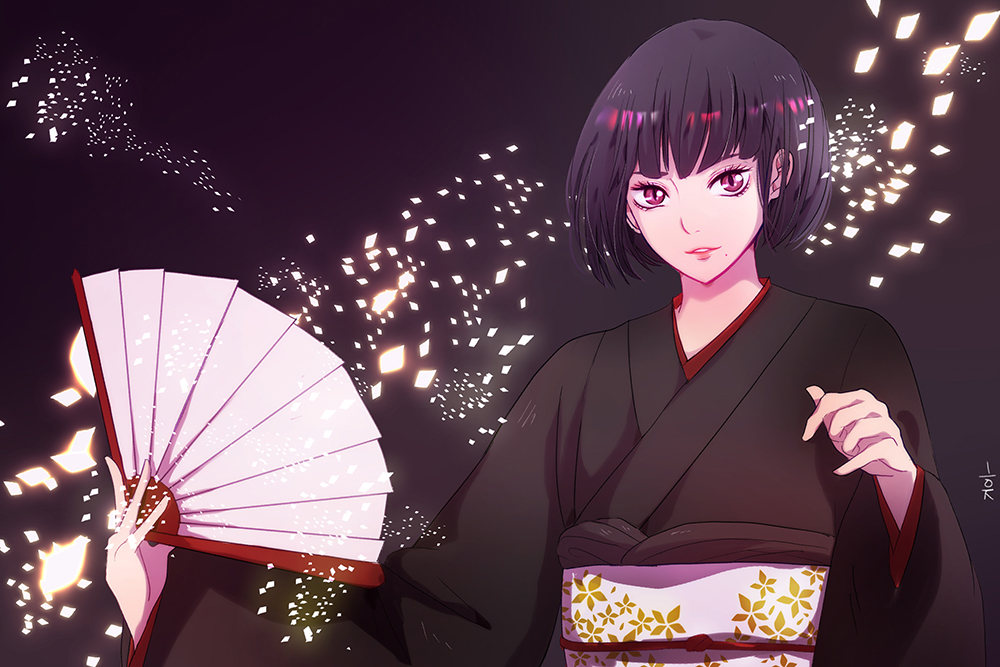 1boy, androgynous, black_hair, blunt_bangs, crossdressing, crossdressing_(mtf), eyelashes, hand_fan