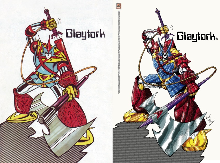 10s, 1970s_(style), 1980s_(style), 2016, armor, axe, cable, comparison, damaged, dual_persona, glaytork, helmet, highres, horacio_sandoval, horns, insignia, karmatron_y_los_transformables, looking_at_viewer, mecha, metnal, multiple_views, oldschool, oscar_gonzalez_loyo, redesign, retro_artstyle, robot, scan, science_fiction, sheath, signature, simple_background, spanish_text, spikes, sword, traditional_media, unsheathing, watermark, weapon