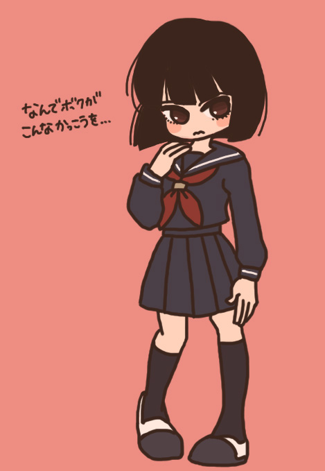 1boy, androgynous, black_serafuku, blush, brown_eyes, brown_hair, child, closed_mouth, cosplay, crossdressing, crossdressing_(mtf), enma_ai, enma_ai_(cosplay), eyelashes, flat_color, full_body, hunter_x_hunter, jigoku_shoujo, kalluto_zoldyck, kneehighs, male_focus, noto_mamiko, pink_background, school_uniform, serafuku, shoes, simple_background, socks, solo, tachiaoi, trap, tsurime, uwabaki, voice_actor_connection