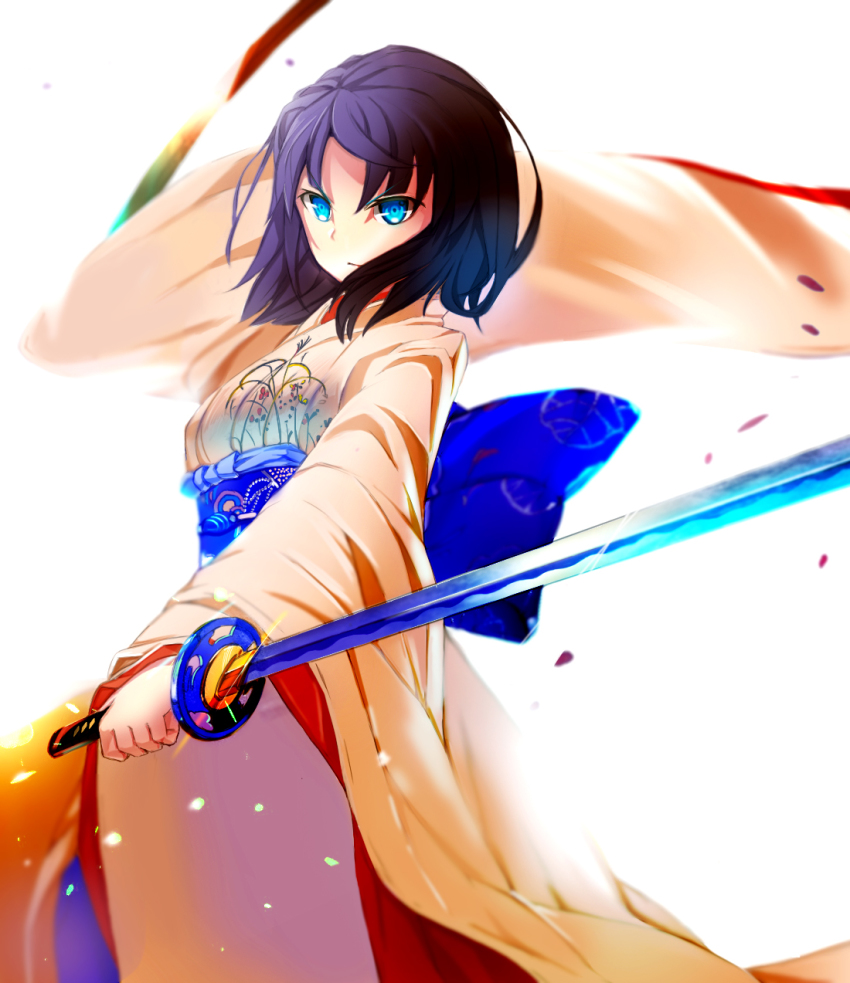 1girl, aiai_(hidetti), bad_id, bad_pixiv_id, blue_eyes, brown_hair, fate/grand_order, fate_(series), female_focus, highres, japanese_clothes, kara_no_kyoukai, katana, kimono, obi, ryougi_shiki, sash, solo, sword, type-moon, weapon, white_background, wide_sleeves
