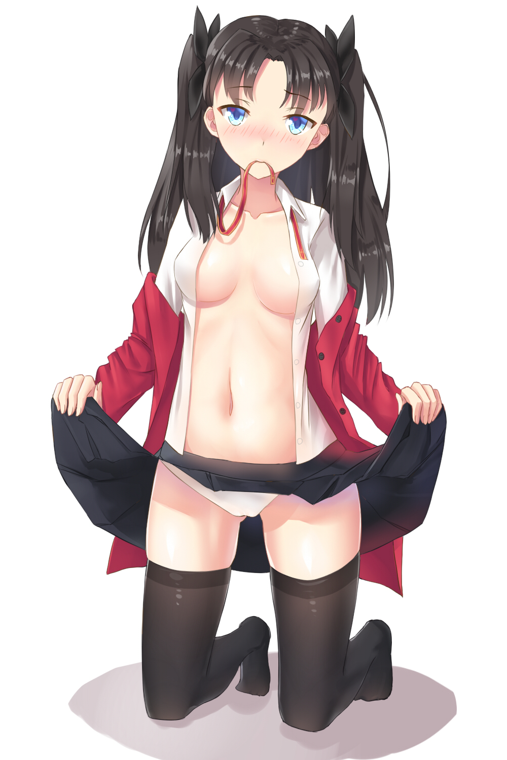 1girl, black_hair, black_skirt, black_thighhighs, blue_eyes, blush, breasts, clothes_lift