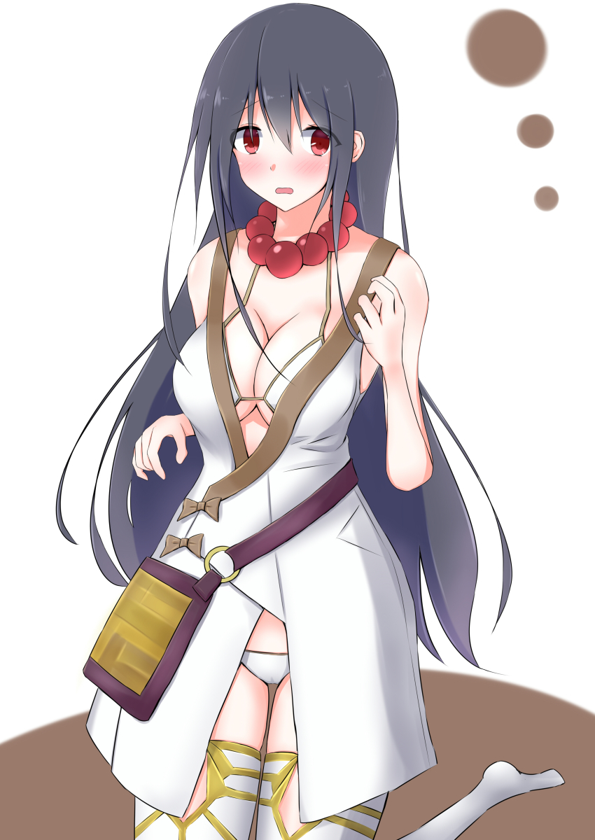 1girl, absurdres, alternate_costume, arm_at_side, bare_shoulders, beads, bikini, bikini_under_clothes, black_hair, blush, bra, breasts, cleavage, cosplay, dress, embarrassed, fate/grand_order, fate_(series), female_focus, fusou_(kancolle), hair_between_eyes, highres, jewelry, kantai_collection, kikuzunooka, kneeling, long_hair, medium_breasts, necklace, open_mouth, panties, prayer_beads, red_eyes, solo, swimsuit, thighhighs, underboob, underwear, white_bikini, white_bra, white_dress, white_panties, white_thighhighs, xuangzang_sanzang_(fate), xuangzang_sanzang_(fate)_(cosplay)