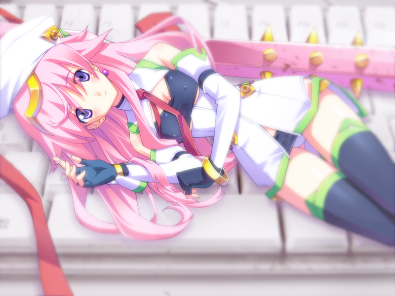 00s, 1girl, 5pb., bare_shoulders, bench, black_thighhighs, blood_tune, blush