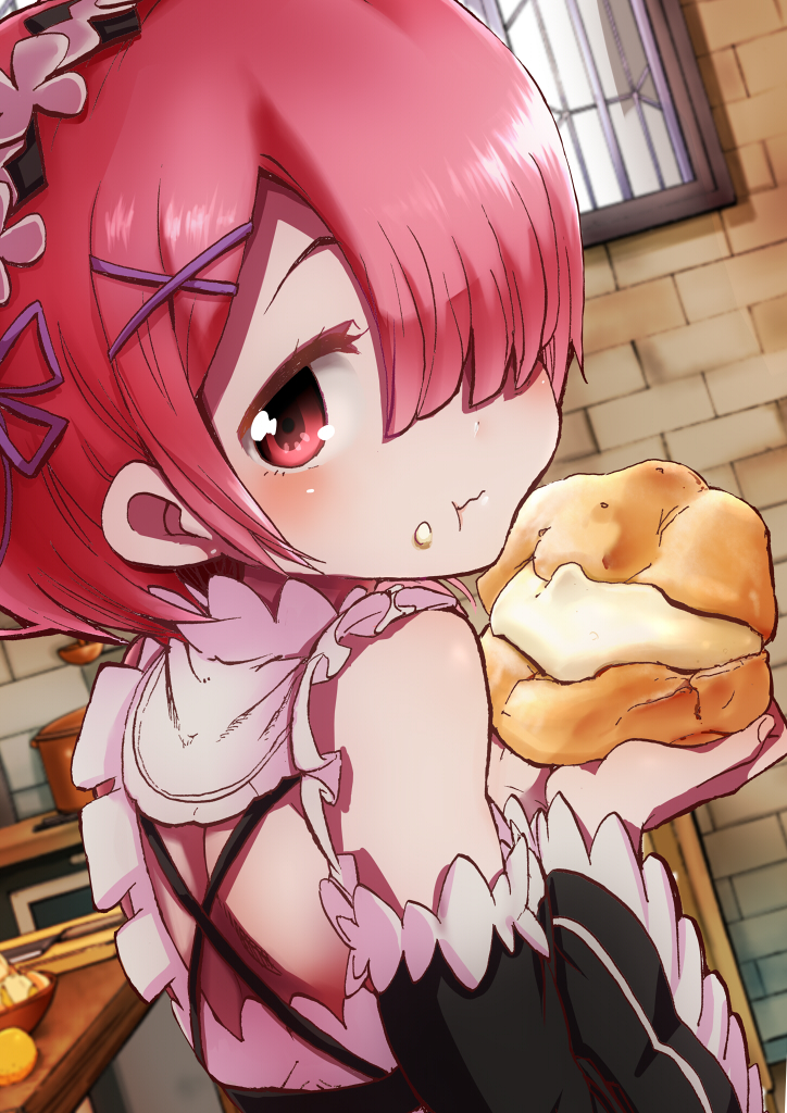 10s, :t, blush, brick_wall, cream_puff, detached_sleeves, dutch_angle, food
