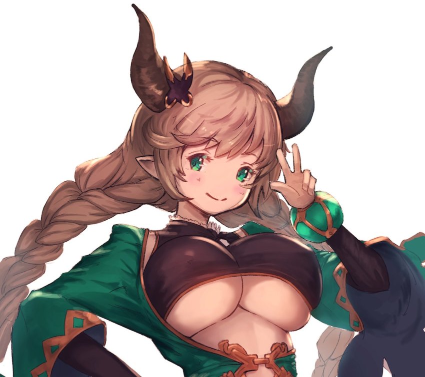 10s, 1girl, bad_id, bad_twitter_id, blush, braid, breasts, carmelina_(granblue_fantasy), draph, female_focus, granblue_fantasy, granblue_fantasy_(style), green_eyes, harada_isuka, horns, large_breasts, light_brown_hair, long_hair, official_style, pointy_ears, scissors, scissors_hair_ornament, simple_background, smile, solo, twin_braids, underboob, upper_body, v, very_long_hair, white_background