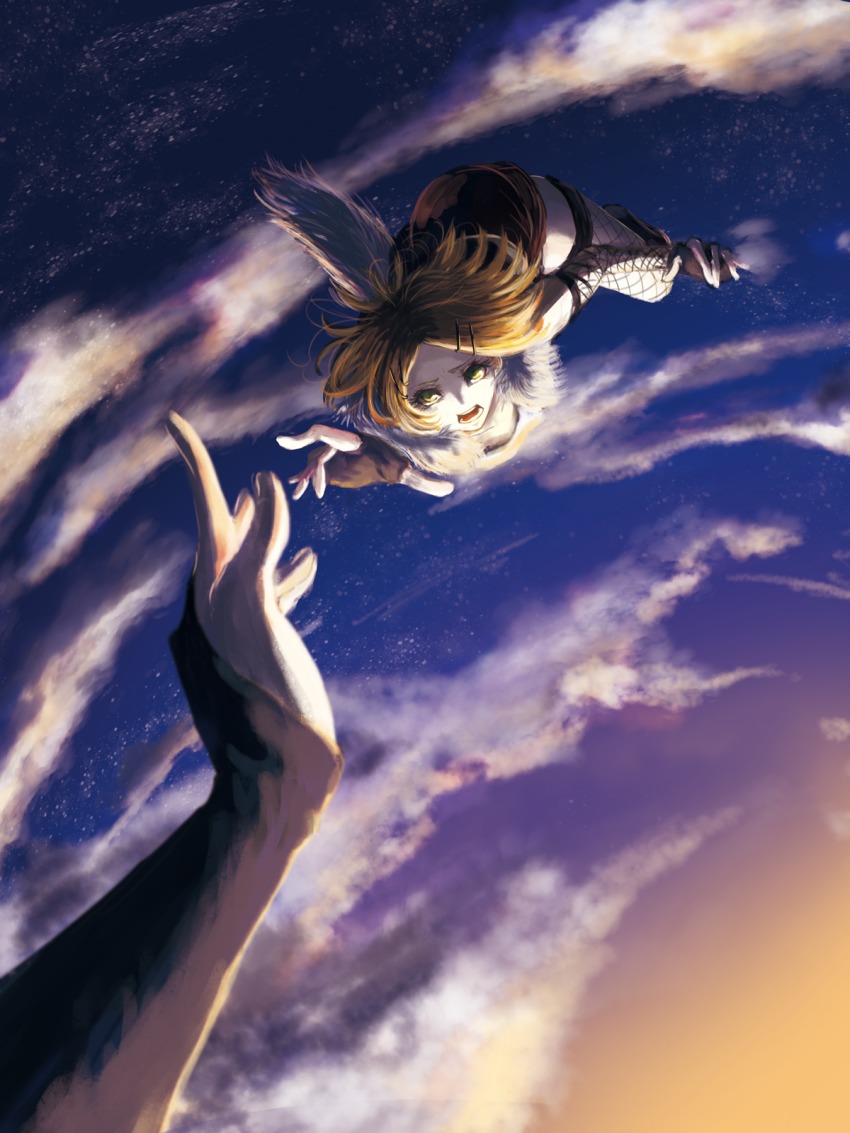 1girl, black_gloves, blue_sky, brown_hair, cloud, falling, fingerless_gloves, fishnet_thighhighs