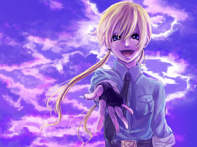 1girl, :d, black_gloves, blonde_hair, blue_eyes, blue_sky, cloud, collared_shirt