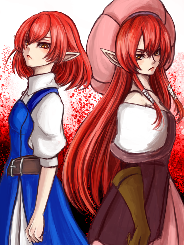 1girl, back-to-back, brown_gloves, dress, dual_persona, female_focus, gloves, hat, helck, hiderunrun, long_hair, looking_at_viewer, low-tied_sidelocks, pointy_ears, short_hair, sidelocks, solo, vermilio_(helck), yellow_eyes