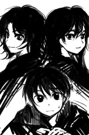 1boy, 2girls, ame_yamori, azalie_cait_sith, greyscale, leticia_maccready, lowres, majutsushi_orphen