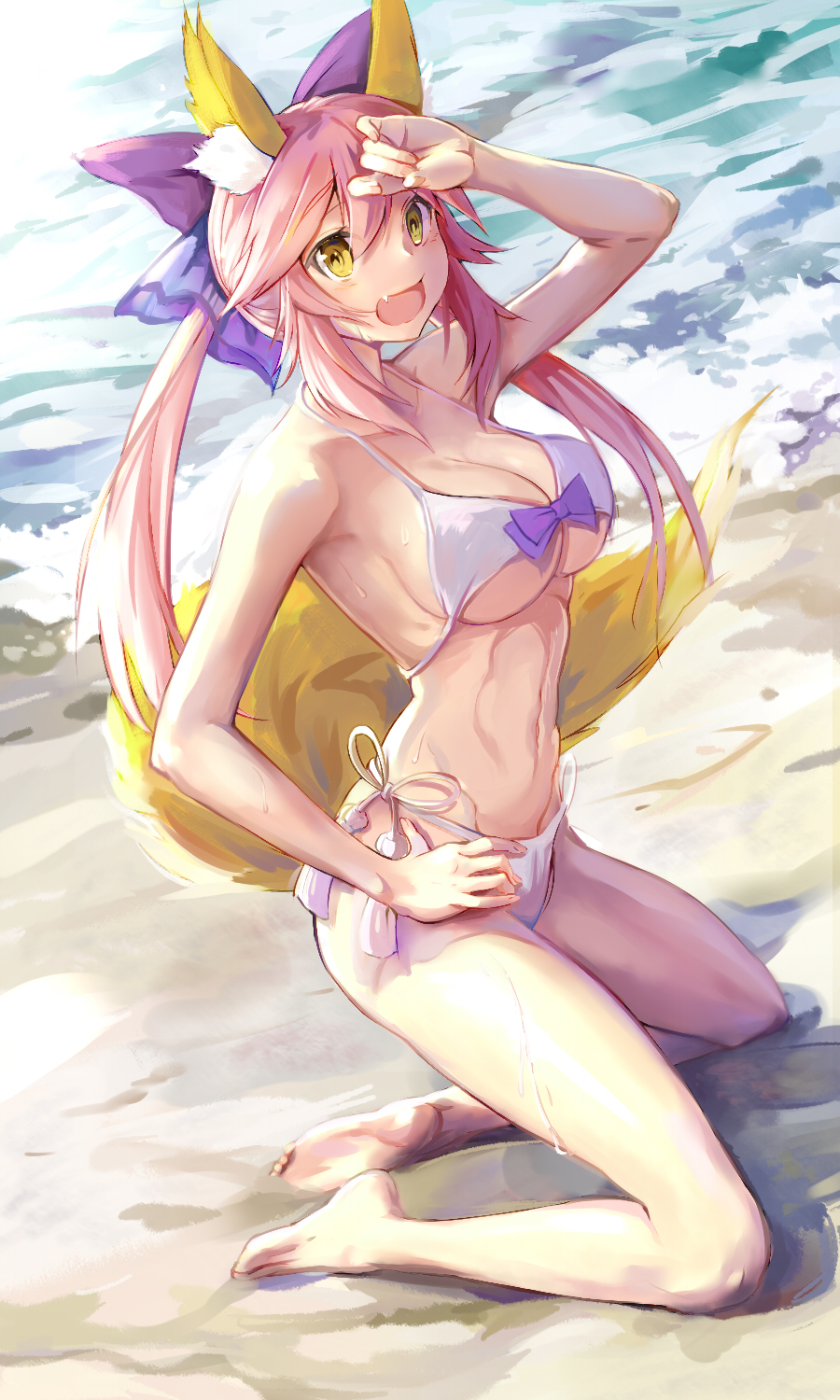 10s, 1girl, animal_ears, beach, bikini, fate/extra, fate/extra_ccc, fate_(series), female_focus, fox_ears, fox_tail, full_body, highres, long_hair, ocean, official_alternate_costume, open_mouth, pink_hair, solo, swimsuit, tail, tamamo_no_mae_(fate), tamamo_no_mae_(sexy_bikini)_(fate), yinzhang