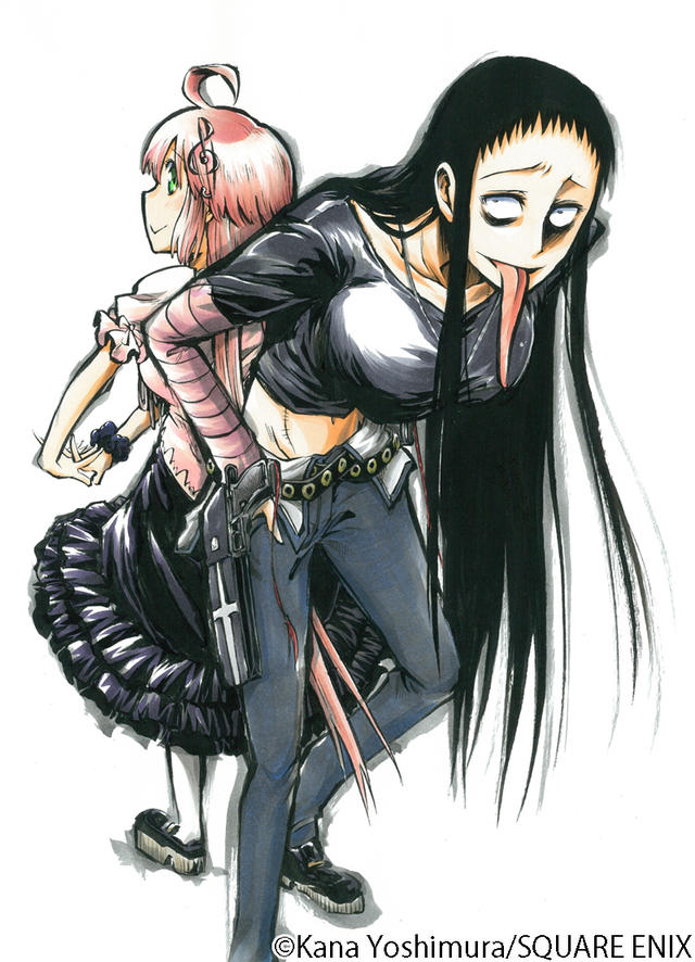 2girls, ahoge, artist_name, bags_under_eyes, belt, black_hair, breasts, collarbone