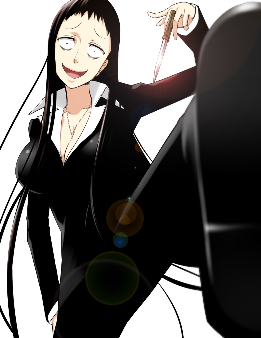 1girl, :d, bags_under_eyes, between_fingers, black_hair, breasts, cleavage, crazy_eyes, female_focus, formal_clothes, head_tilt, highres, holding, jewelry, knife, koumori_kuroko, large_breasts, lens_flare, long_hair, looking_at_viewer, mattari_yufi, murcielago, necklace, open_mouth, shirt, simple_background, smile, solo, suit, very_long_hair, weapon, white_background, white_shirt