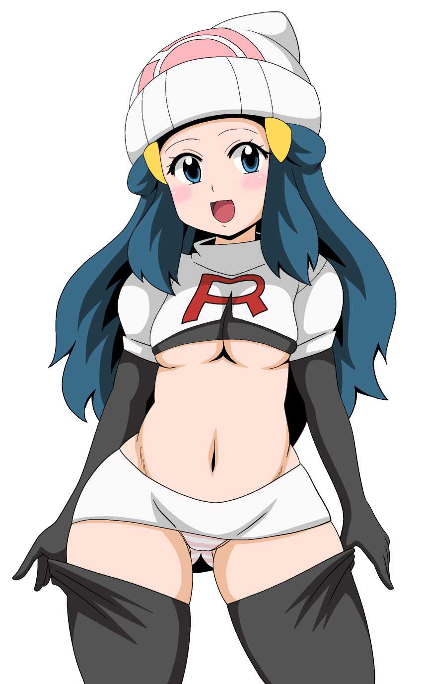 1girl, alternate_costume, blue_eyes, blue_hair, breasts, cosplay, cowboy_shot, crop_top, dawn_(pokemon), female_focus, hat, highres, koutarosu, long_hair, looking_at_viewer, matching_hair/eyes, microskirt, navel, nintendo, open_mouth, panties, pokemon, skirt, solo, striped_clothes, striped_panties, team_rocket, team_rocket_(cosplay), team_rocket_uniform, underboob, underwear, wide_hips