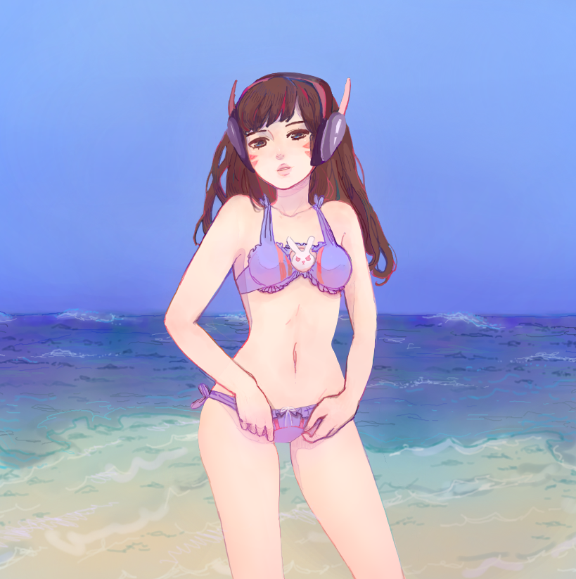 1girl, beach, brown_eyes, brown_hair, cowboy_shot, d.va_(overwatch), day, facial_mark