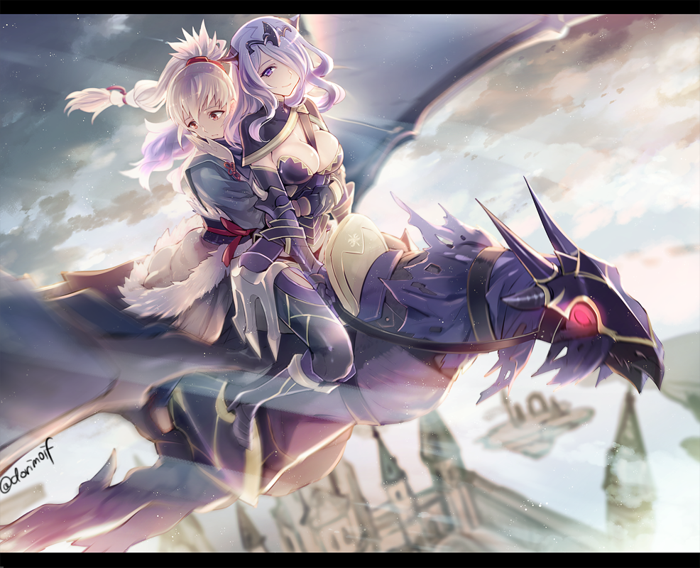 1boy, 1girl, armor, armored_boots, artist_name, boots, breasts, brown_eyes, camilla_(fire_emblem), cleavage, cloud, dorimoif, dragon, fire_emblem, fire_emblem_fates, gloves, grey_hair, hair_over_one_eye, letterboxed, long_hair, marzia_(fire_emblem_if), miyuki_ruria, nintendo, open_mouth, purple_eyes, purple_hair, sky, takumi_(fire_emblem), wyvern