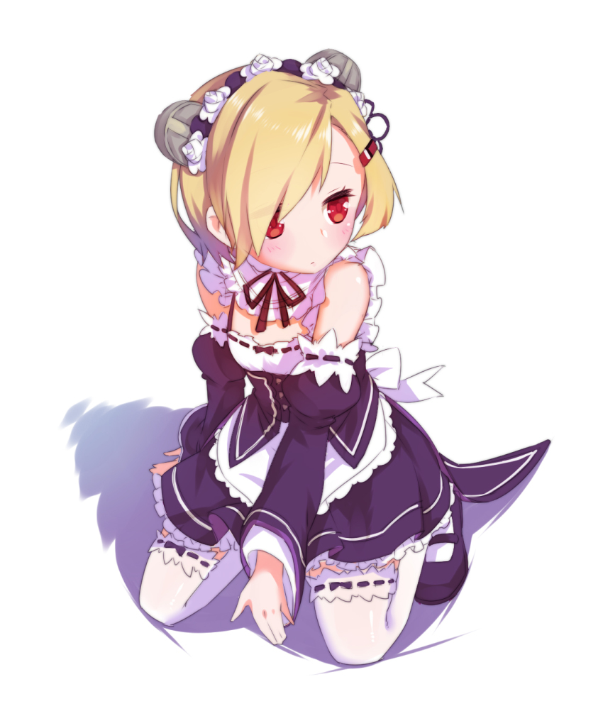 10s, 1girl, apron, arm_at_side, arm_garter, between_legs, black_dress, black_ribbon, black_shoes, blonde_hair, blush, breasts, bun_cover, closed_mouth, cosplay, detached_sleeves, dress, eyelashes, female_focus, frilled_thighhighs, frills, full_body, graf_spee_(warship_girls_r), hair_ornament, hair_over_one_eye, hairband, hairclip, hand_between_legs, highres, kneeling, looking_away, looking_to_the_side, maid, mary_janes, mkiiiiii, neck_ribbon, re:zero_kara_hajimeru_isekai_seikatsu, red_eyes, rem_(re:zero), rem_(re:zero)_(cosplay), ribbon, shadow, shoes, short_hair, simple_background, small_breasts, solo, thighhighs, underbust, waist_apron, warship_girls_r, white_apron, white_background, white_thighhighs