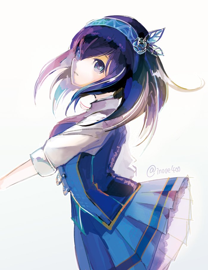 10s, 1girl, bad_id, bad_twitter_id, black_hair, blue_eyes, blue_skirt, female_focus