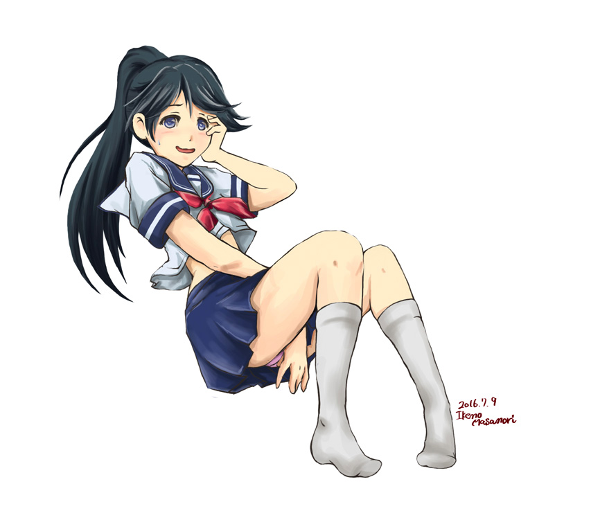 10s, 1girl, 2016, alternate_costume, artist_name, black_hair, blue_eyes, commentary_request