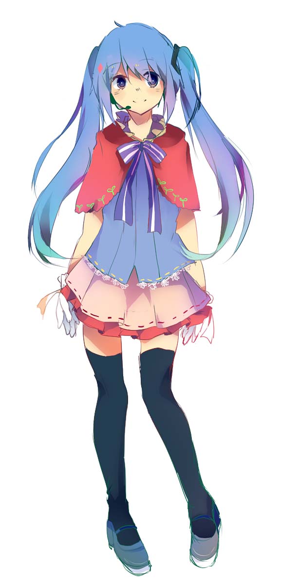 1girl, aqi_(19559573), bad_id, bad_pixiv_id, black_thighhighs, blue_eyes, blue_hair, eyebrows, female_focus, full_body, gloves, gradient_hair, hatsune_miku, headset, highres, layered_skirt, long_hair, looking_at_viewer, matching_hair/eyes, multicolored_hair, neck_ribbon, ribbon, shoes, simple_background, skirt, solo, tareme, thighhighs, twintails, vocaloid, white_background, white_gloves, zettai_ryouiki