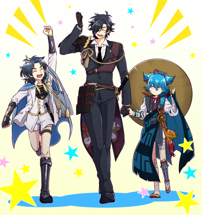 10s, 3boys, ^_^, armor, black_gloves, black_hair, blue_eyes, blue_hair, boots, cape, clenched_hand, closed_eyes, eyepatch, feather_hair_ornament, feathers, gloves, holding_hands, japanese_armor, japanese_clothes, male_focus, multiple_boys, necktie, open_mouth, ponytail, samosuke, sandals, sayo_samonji, shokudaikiri_mitsutada, shorts, shoulder_armor, smile, sode, star_(symbol), taikogane_sadamune, touken_ranbu, walking
