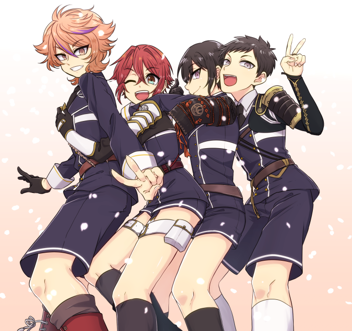 10s, 4boys, ;d, armor, atsushi_toushirou, awataguchi_family_(touken_ranbu), black_gloves, black_hair, brown_eyes, brown_hair, gloves, gotou_toushirou, green_eyes, grey_eyes, grin, hug, hug_from_behind, japanese_armor, male_focus, military, military_uniform, multicolored_hair, multiple_boys, necktie, one_eye_closed, open_mouth, purple_eyes, red_hair, samosuke, shinano_toushirou, shorts, shoulder_armor, smile, sode, streaked_hair, taishou!_(touken_ranbu), touken_ranbu, v, yagen_toushirou