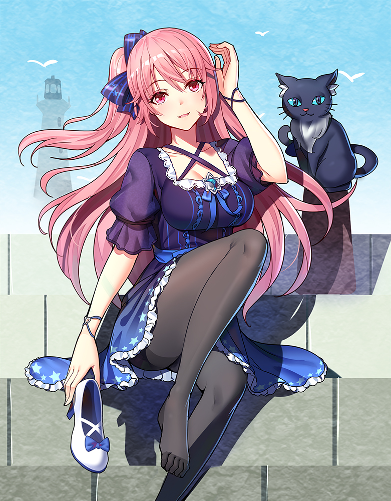 1girl, animal, bird, black_cat, black_pantyhose, blue_dress, blue_shoes, blush
