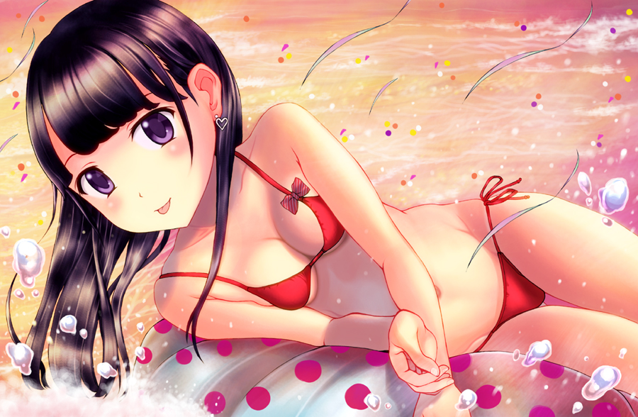 1girl, :p, backlighting, bare_arms, bare_shoulders, bikini, black_hair, blunt_bangs