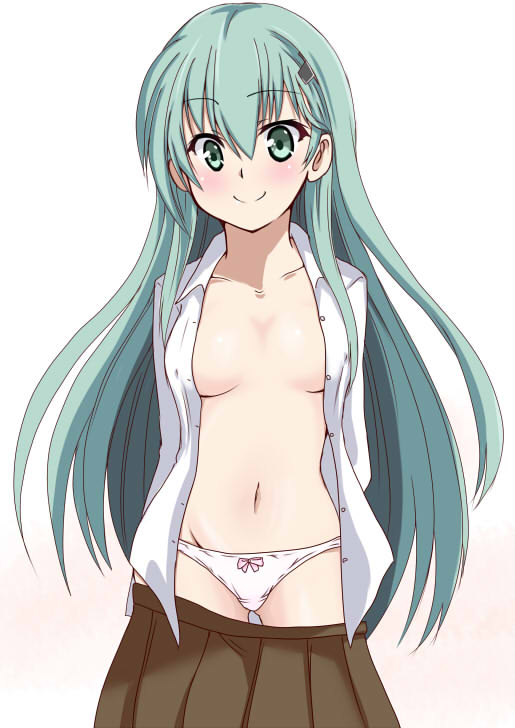 10s, 1girl, aqua_eyes, aqua_hair, clothes_lift, female_focus, hair_ornament, hairclip