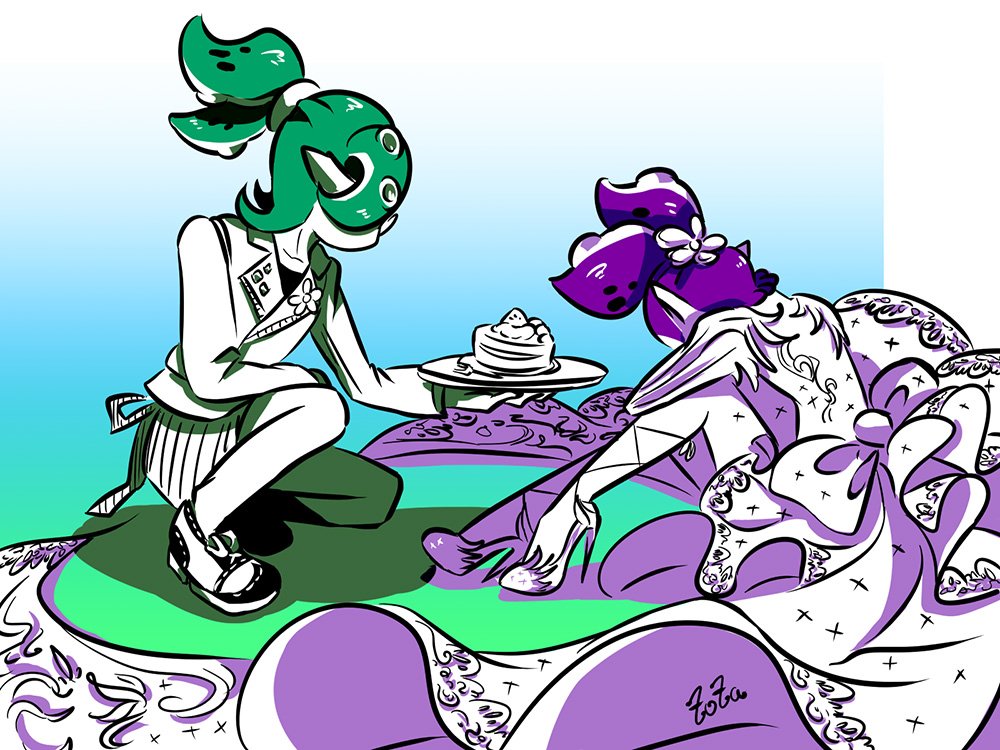 2boys, apron, artist_name, beauty_(zoza), cake, crossdressing, crossdressing_(mtf), dress