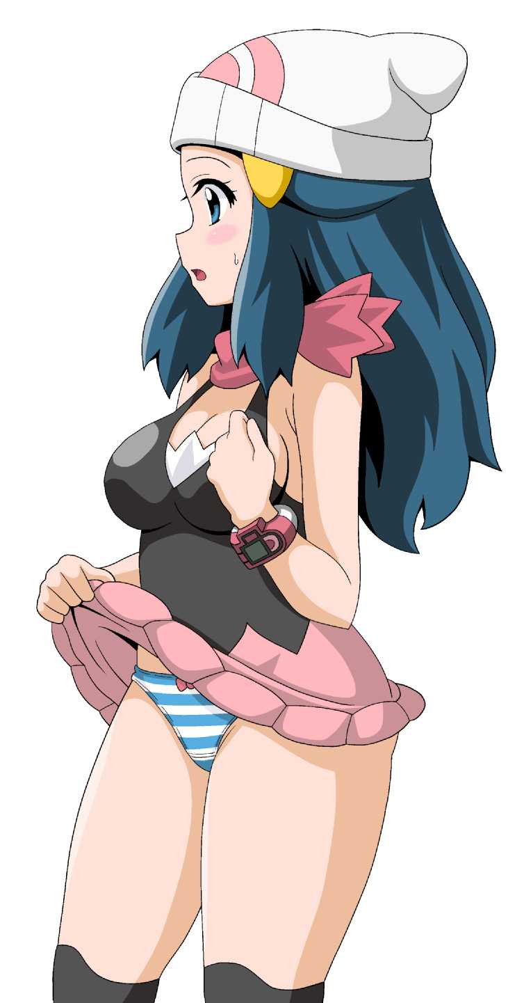 1girl, blue_eyes, blue_hair, blush, breasts, cleavage, dawn_(pokemon), dress, female_focus, hat, highres, koutarosu, long_hair, matching_hair/eyes, nintendo, panties, pokemon, pokemon_(anime), scarf, short_hair, sideboob, simple_background, skirt, solo, underwear, white_background