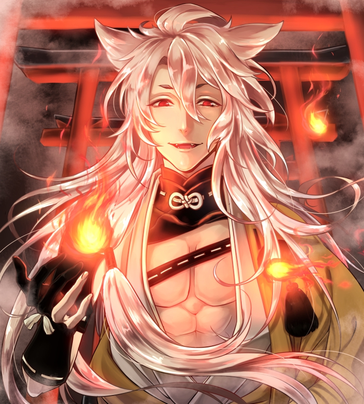 10s, 1boy, animal_ears, bishounen, fire, fox_ears, gloves, hair_flaps