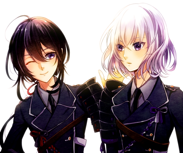 10s, 2boys, ;), armor, bad_id, bad_pixiv_id, black_hair, honebami_toushirou