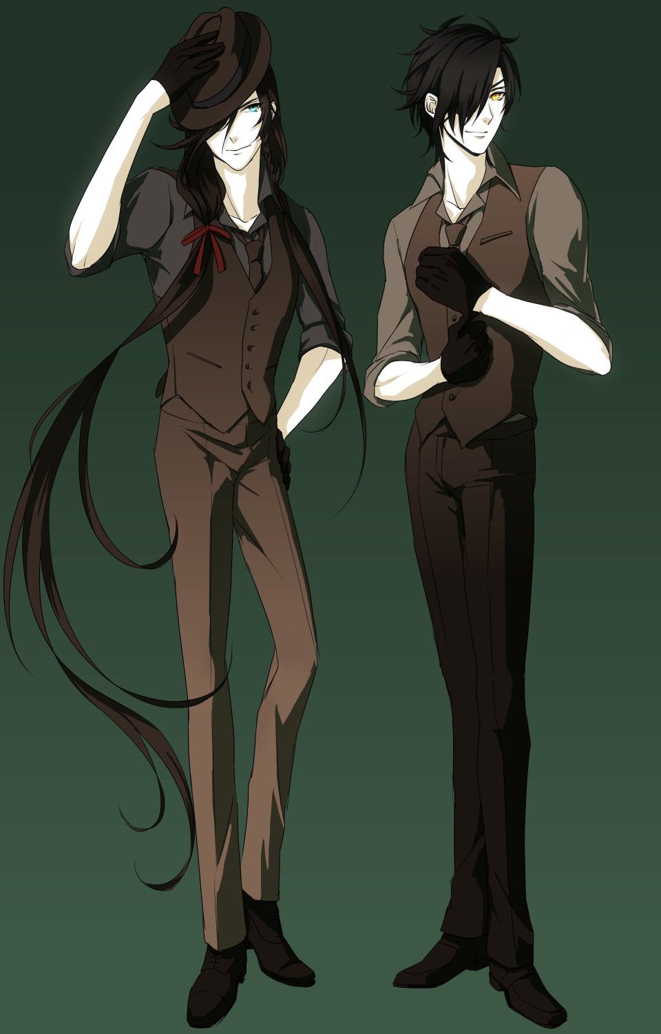 10s, 2boys, bad_id, bad_pixiv_id, black_hair, formal_clothes, gloves, hat